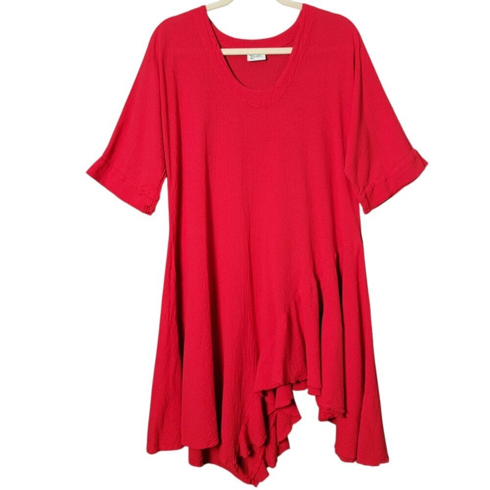 Oh My Gauze Womens Red Cotton Boho Lagenlook Beachy Fairy Asymmetrical Dress 1